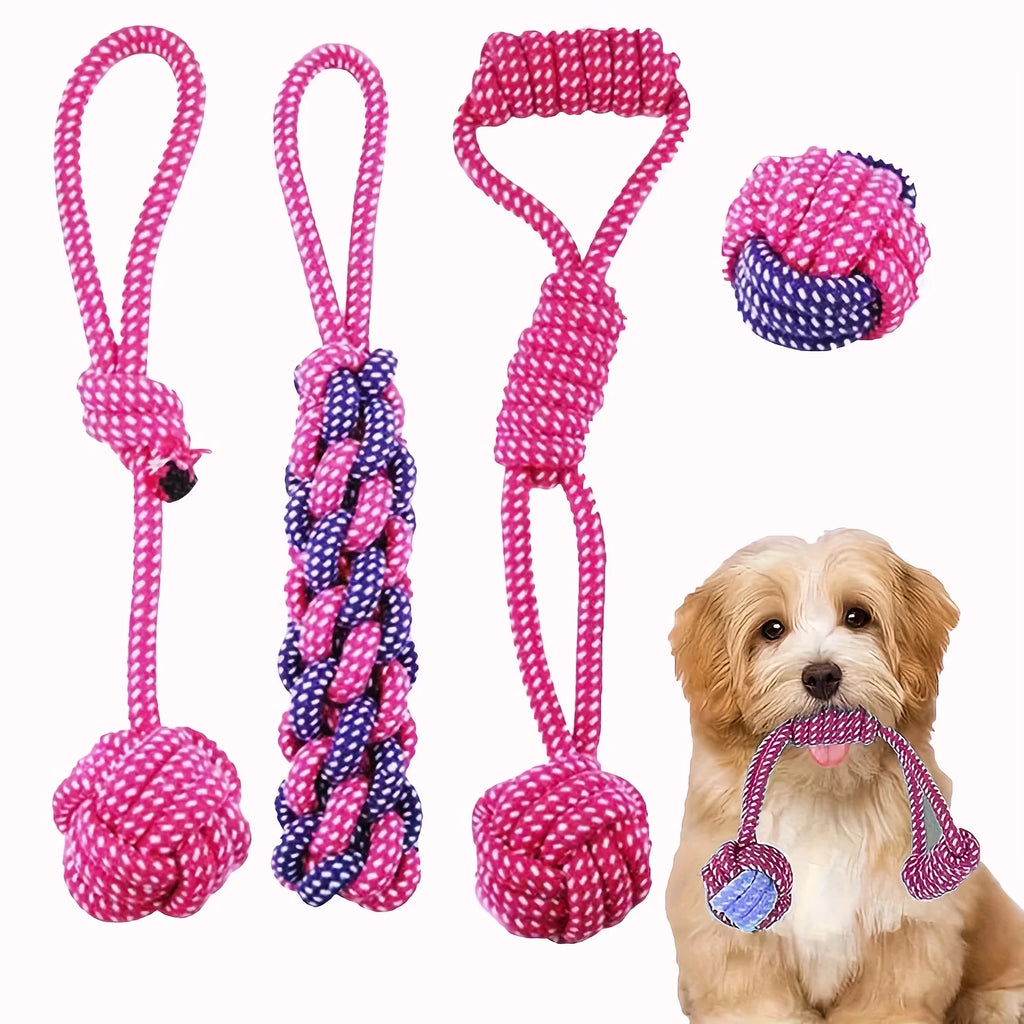 4/5-teiliges lila Kaarseil-Spielzeugset für Hunde – geflochtene Knoten für kleine bis mittelgroße Hunde, langlebiges Schlepper- und Spielspielzeug zum Zahnen von Welpen
