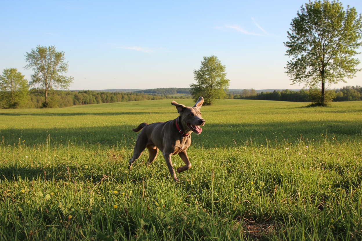 freilaufender Labmaraner auf der Wiese